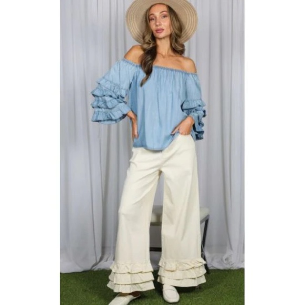 BRAND NEW WITH TAGS Light Denim Off-The-Shoulder Ruffle Sleeve Top